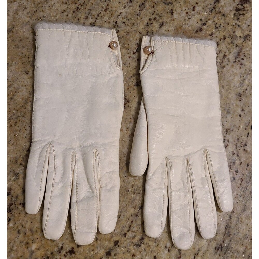 Vintage Size S Cream Soft Leather Knit Lined 8" Gloves Italy Wrist Button